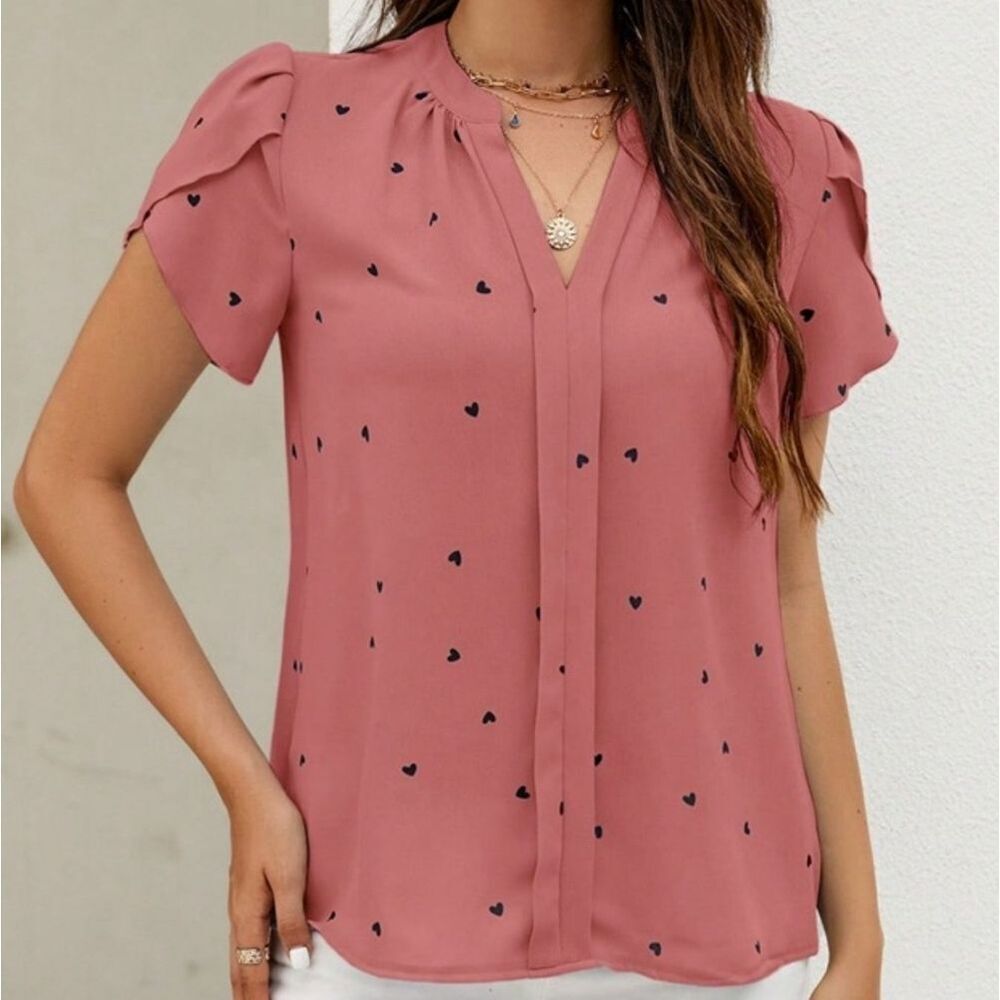 ♡ Valentines Top ♡ Casual Dark Pink Heart Print Business Casual Office Top